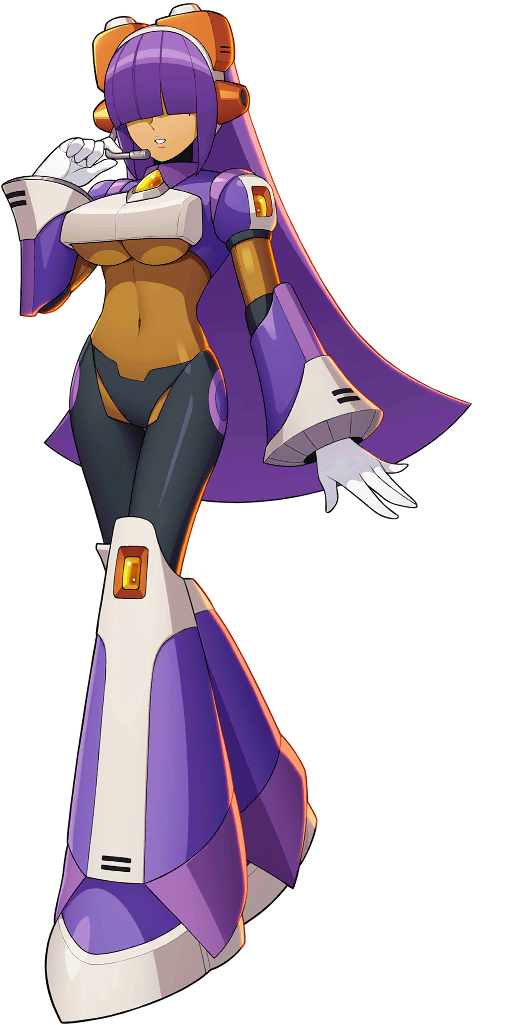 1girl, android, bangs, blunt_bangs, breasts, covered_navel, dark_skin, hair_over_eyes