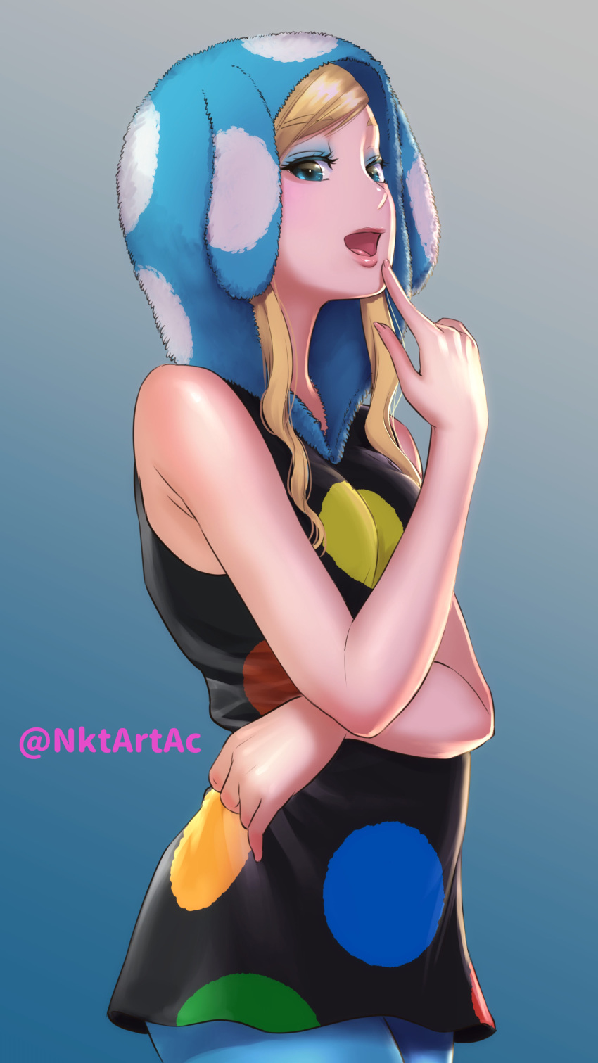 1girl, :d, absurdres, animal_hood, bare_arms, bare_shoulders, black_dress, blonde_hair