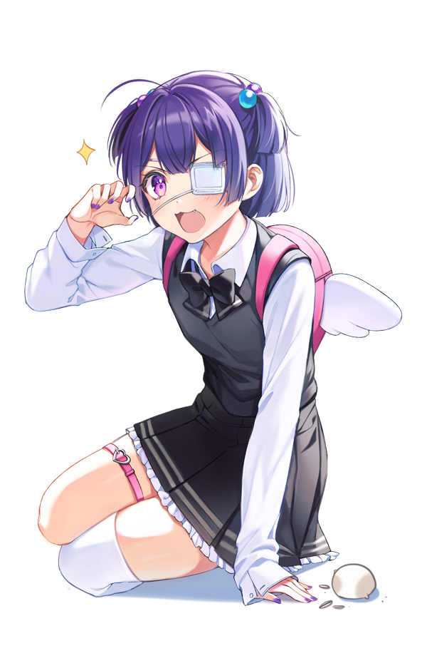 1girl, :3, :d, ahoge, backpack, bag, bangs, black_neckwear
