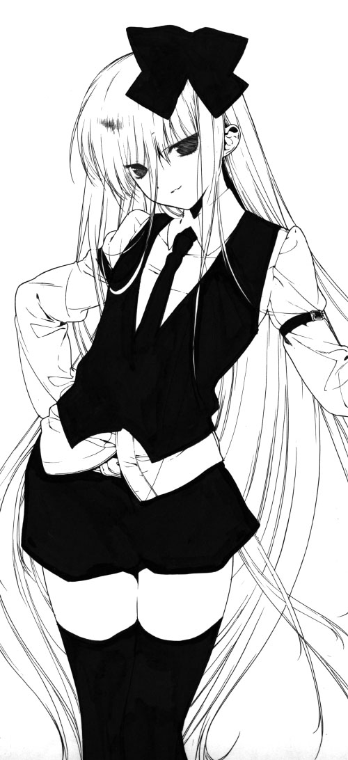 1girl, akio_(mememe), long_hair, monochrome, original, solo, thigh-highs, thighhighs