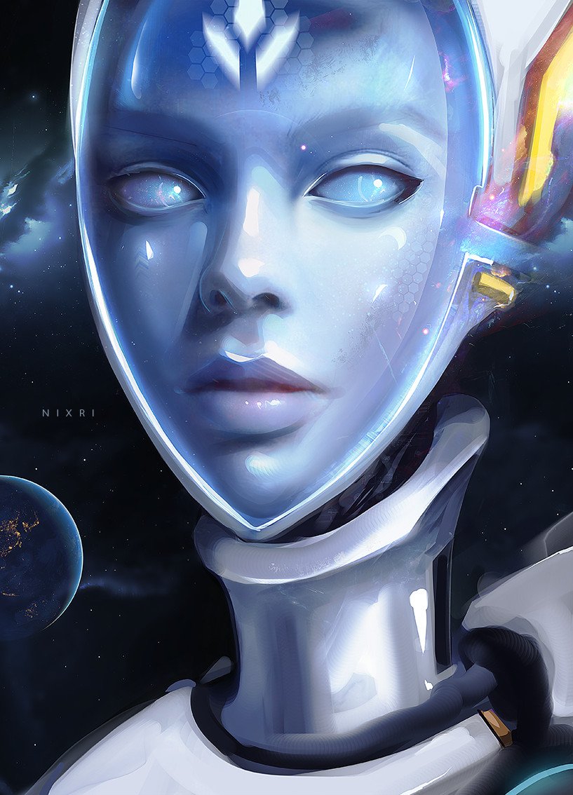 1girl, artist_name, blue_eyes, blue_skin, earth, echo_(overwatch), facial_mark, forehead_mark