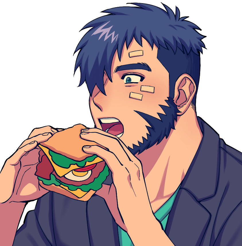 1boy, bandaid, beard, blue_hair, blue_jacket, coffee_talk, eating, facial_hair