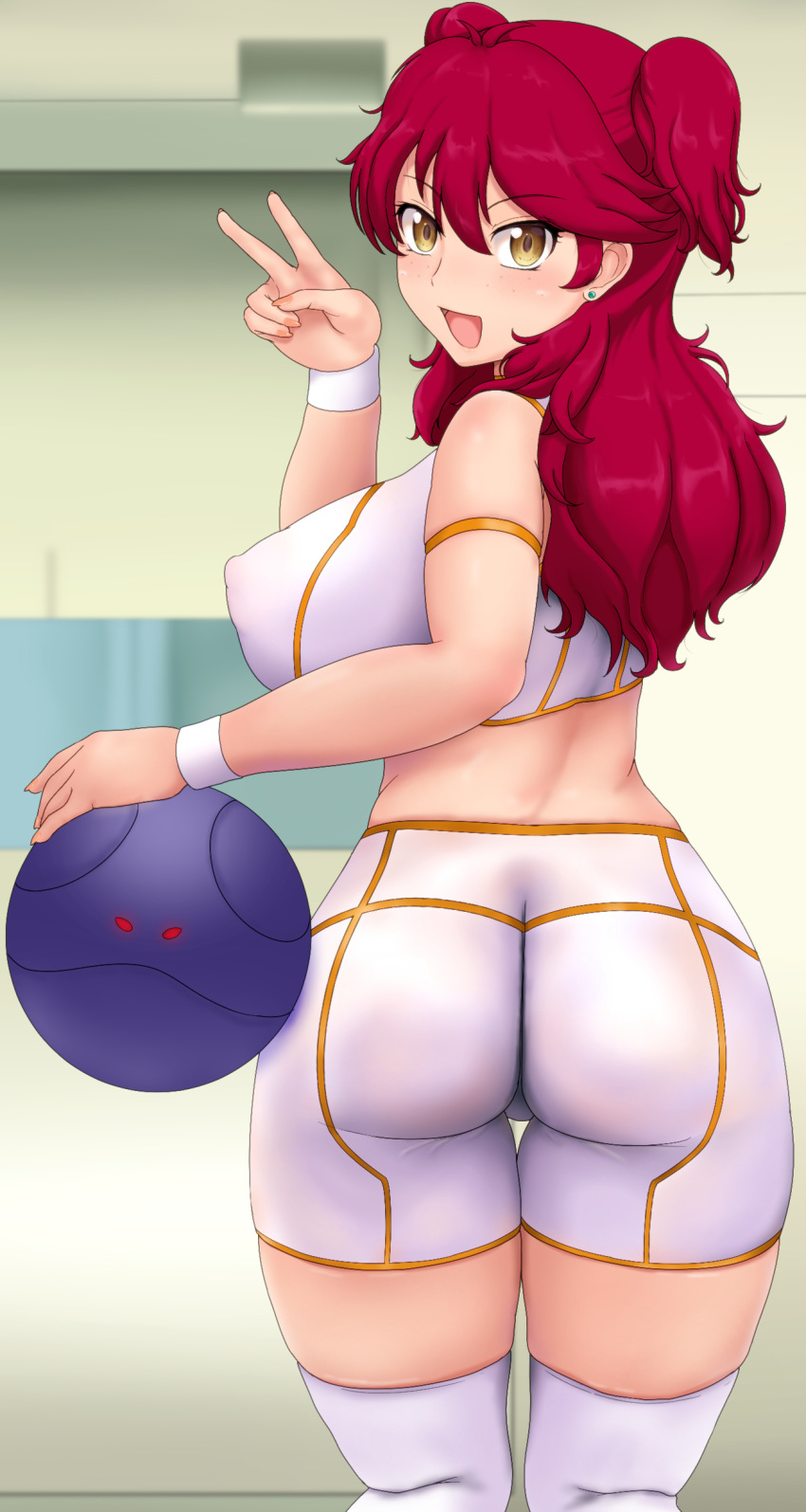 1girl, absurdres, ass, bad_haro, blush, breasts, commentary_request, covered_nipples, crop_top, freckles, from_behind, gundam, gundam_00, highres, large_breasts, long_hair, looking_at_viewer, looking_back, nena_trinity, open_mouth, otohukebonne, redhead, shiny, shiny_hair, shiny_skin, shorts, smile, solo, standing, thigh-highs, two_side_up, v, white_legwear, yellow_eyes