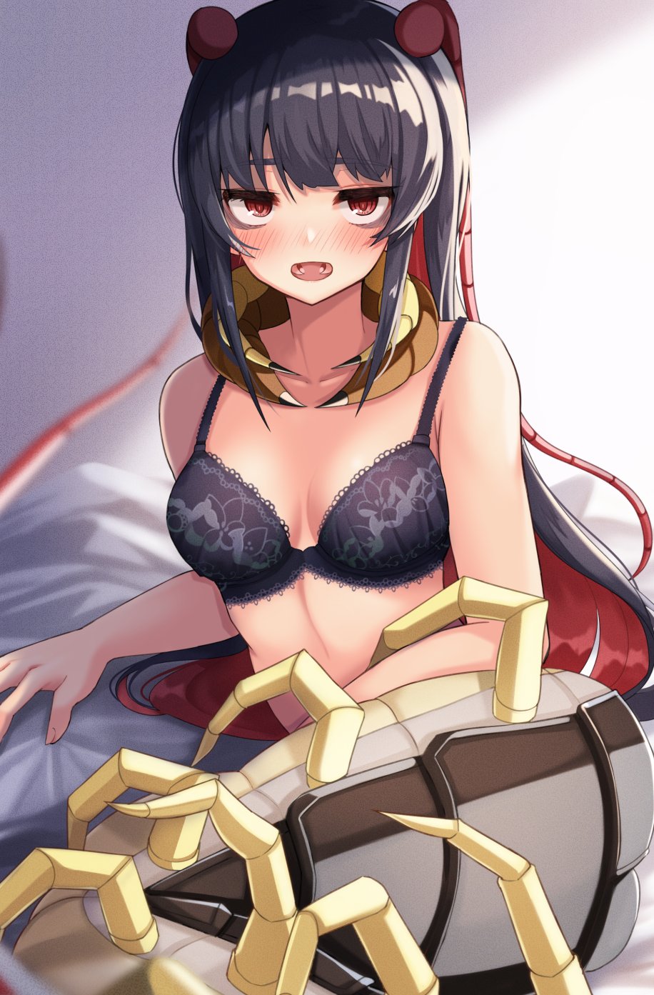 1girl, arm_support, black_bra, black_hair, blush, bra, breasts, centipede_girl