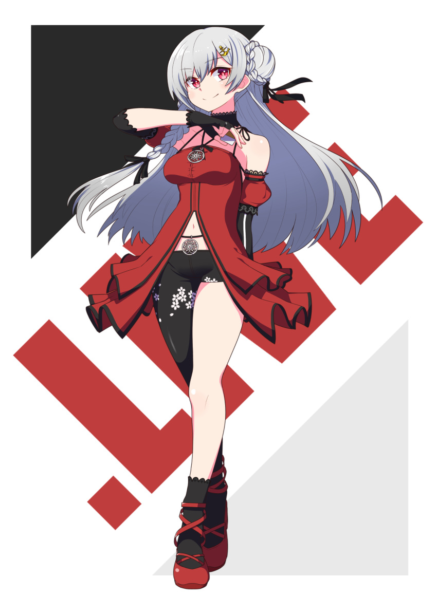 .live, 1girl, anchor_hair_ornament, asymmetrical_shorts, breasts, fingerless_gloves, full_body, gloves