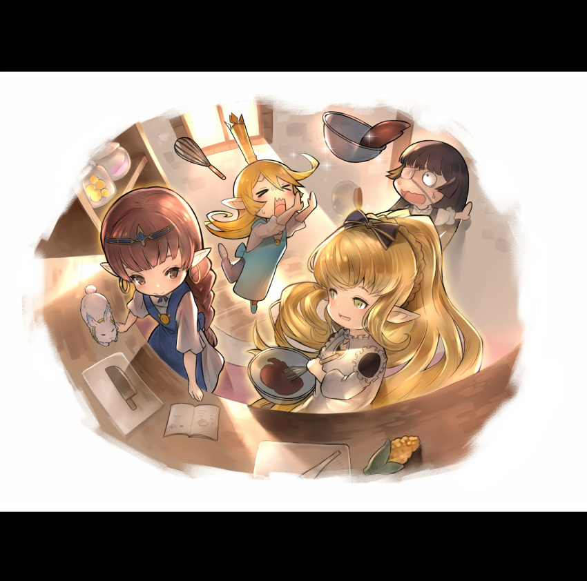 4girls, apron, black_hair, blonde_hair, braid, brown_hair, charlotta_fenia, chocolate