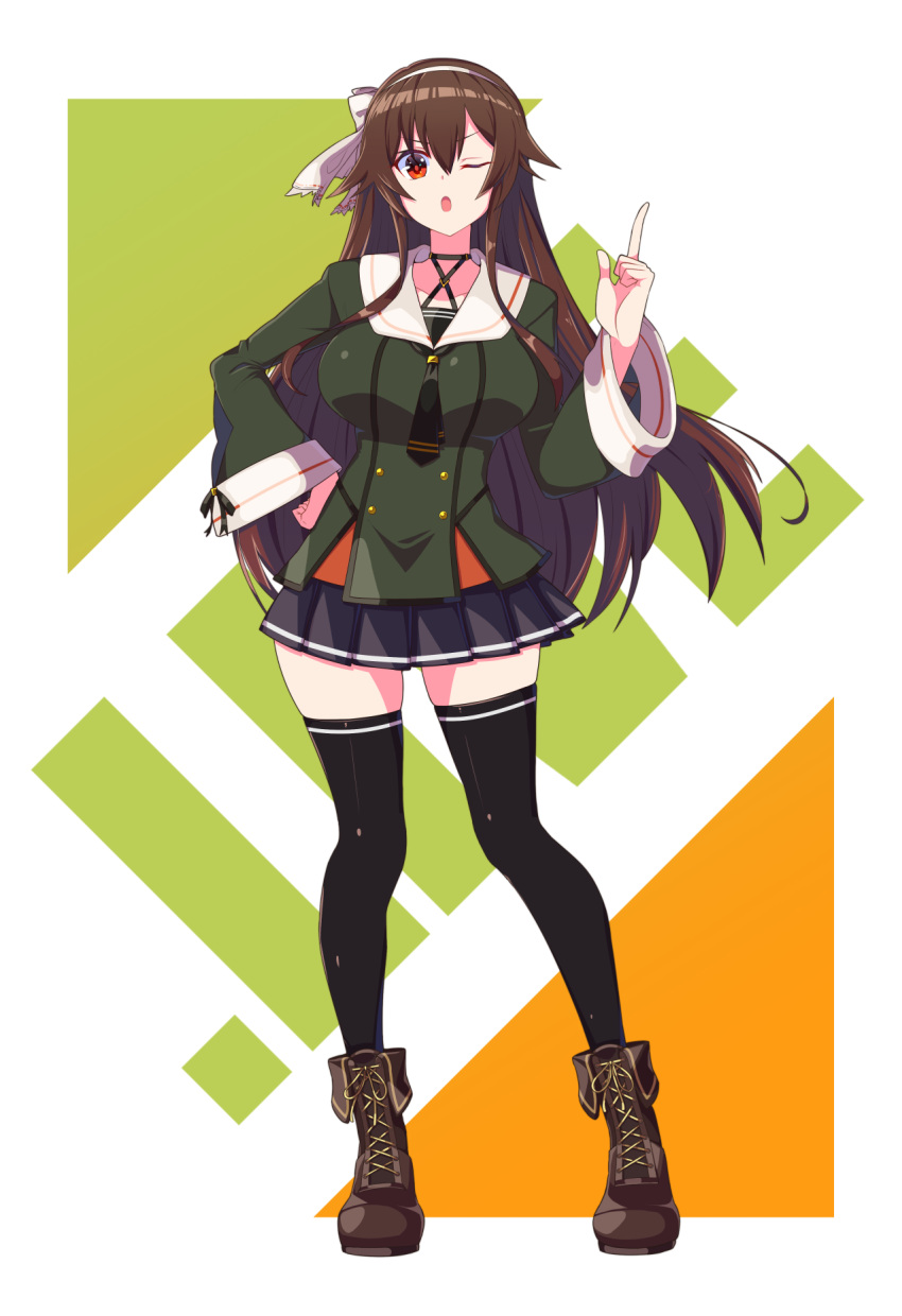 .live, black_legwear, boots, breasts, brown_hair, collarbone, full_body, green_background