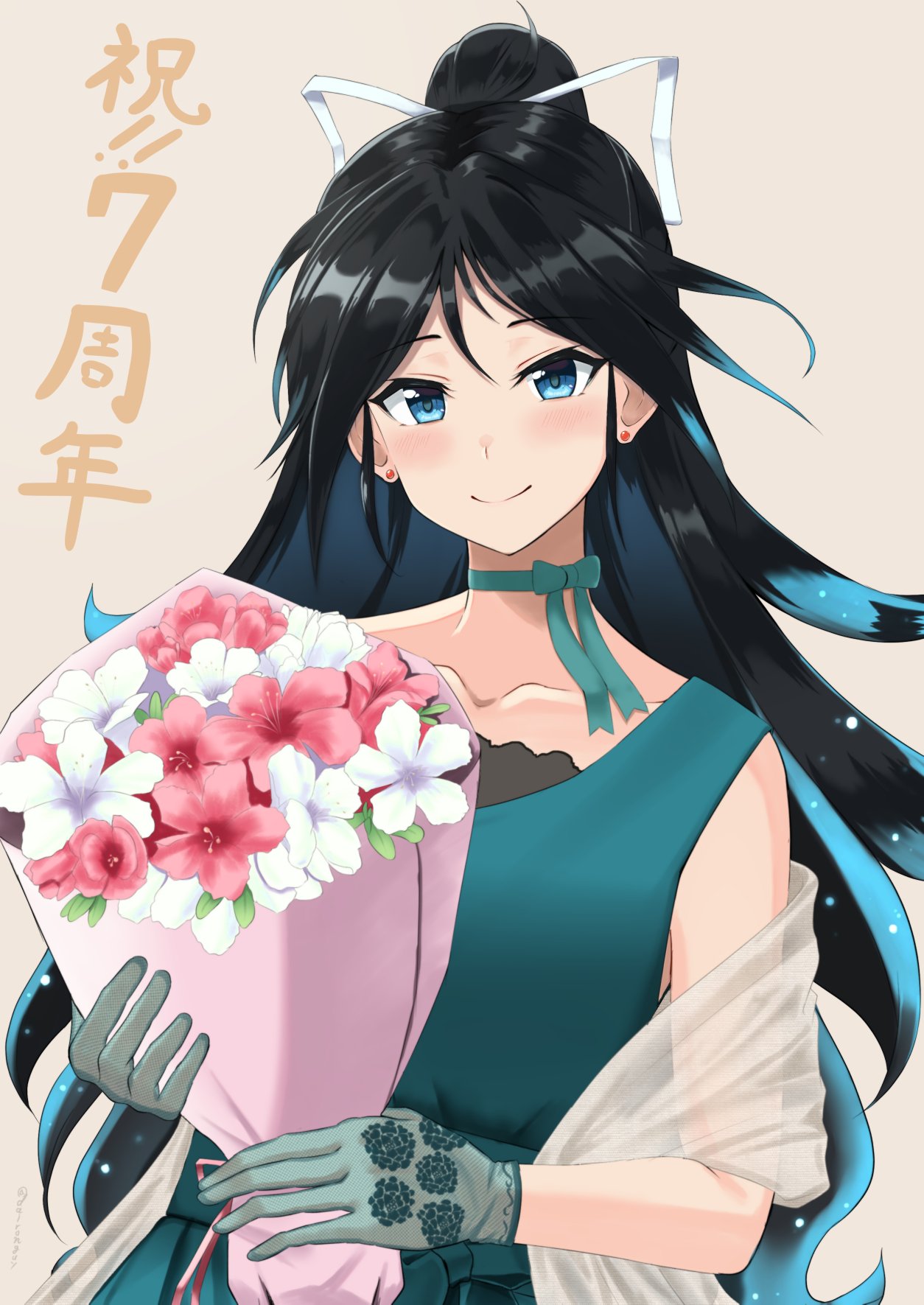 1girl, alternate_costume, anniversary, aozaku_(hatake_no_niku), bangs, black_hair, blue_dress, blue_eyes