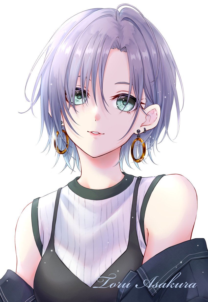 1girl, absurdres, aoyashio_rin, aqua_eyes, asakura_tooru, bangs, bare_shoulders, black_jacket