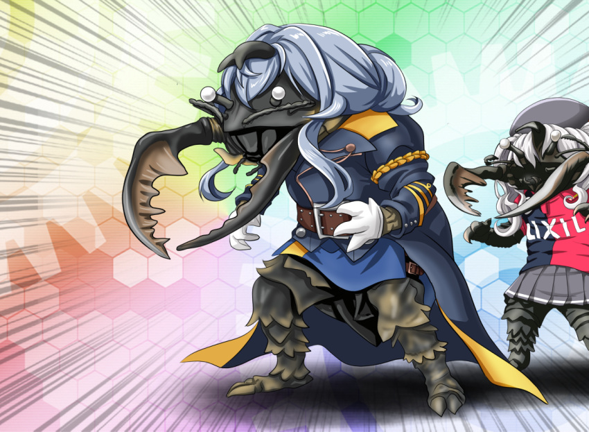 antlar, beret, black_headwear, blue_hair, blue_skirt, commentary_request, gloves, gotland_(kantai_collection), grey_skirt, hair_bun, half_gloves, hat, kaijuu, kantai_collection, kashima_(kantai_collection), kashima_antlers, long_hair, military, military_uniform, monster, parody, pleated_skirt, pun, remodel_(kantai_collection), silver_hair, skirt, tk8d32, ultra_series, ultraman_(1st_series), uniform, wavy_hair, white_gloves