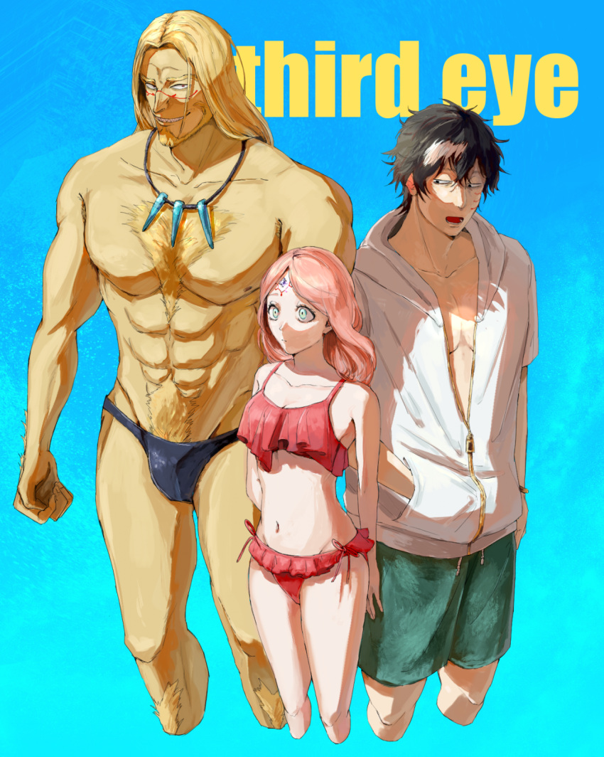1girl, 2boys, abs, beard, bikini, black_clover, black_eyes, black_hair, blonde_hair, blue_background, blue_eyes, breasts, chest_hair, collarbone, commentary_request, expressionless, facial_hair, facial_mark, facial_tattoo, fana_(elf)_(black_clover), forehead_mark, highres, jewelry, male_swimwear, medium_breasts, medium_hair, multiple_boys, muscle, navel, necklace, open_mouth, pink_hair, red_bikini, red_eyes, rhya_(black_clover), sharp_teeth, swim_briefs, swimsuit, swimwear, tattoo, teeth, teraba_(tttburst), vetto_(black_clover), white_hoodie