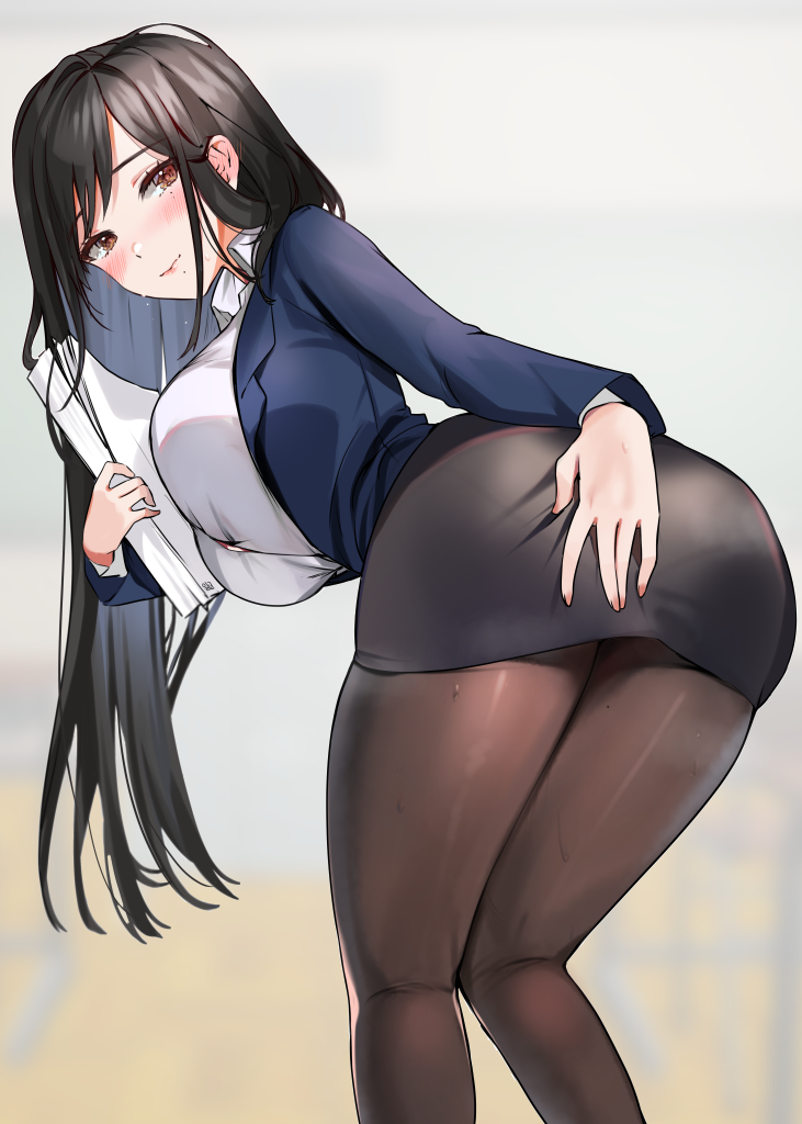 1girl, alracoco, black_hair, black_legwear, black_skirt, blue_jacket, blush, breasts