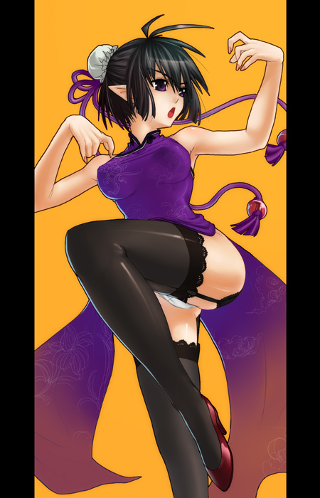 bare_shoulders, black_hair, black_legwear, bun, china_dress, chinadress, chinese_clothes, elf