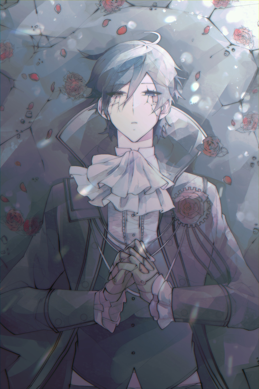 1boy, absurdres, binggwaryu, black_suit, blue_eyes, blue_hair, blue_vest, commentary
