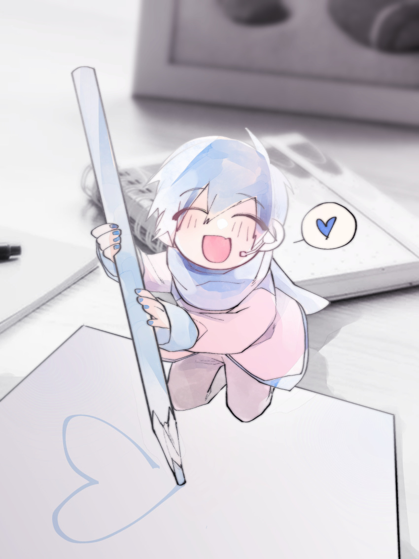 1boy, binggwaryu, black_pants, blue_hair, blue_nails, blue_scarf, closed_eyes, coat