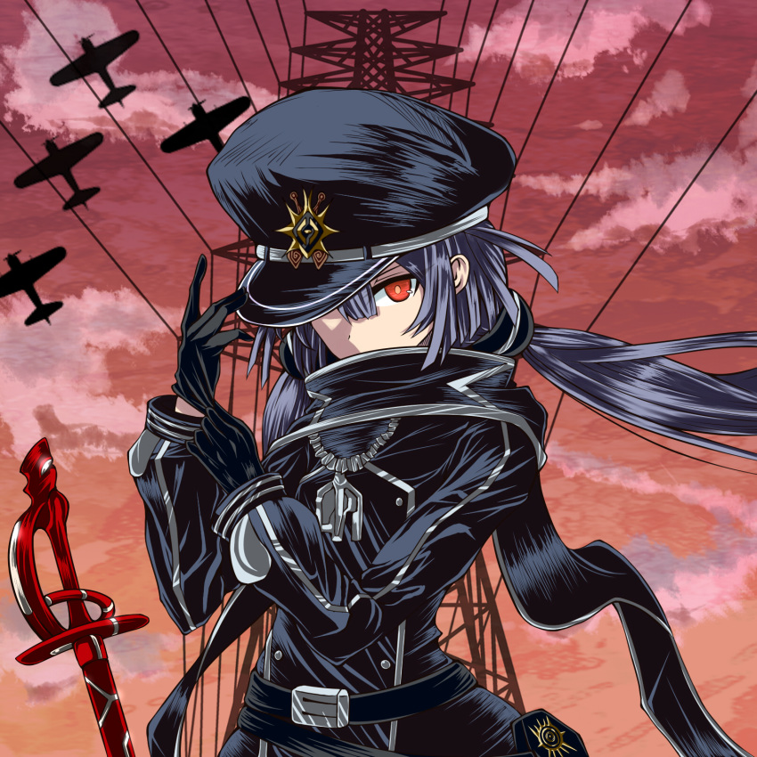 1girl, aircraft, airplane, belt, black_gloves, black_scarf, blackdeeno, boat, duel_monster, gloves, grey_hair, hat_over_one_eye, highres, looking_at_viewer, red_eyes, scarf, sky_striker_ace_-_roze, uniform, watercraft, yuu-gi-ou