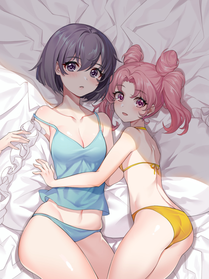 2girls, absurdres, ass, bare_shoulders, bed_sheet, bikini, bishoujo_senshi_sailor_moon, black_eyes