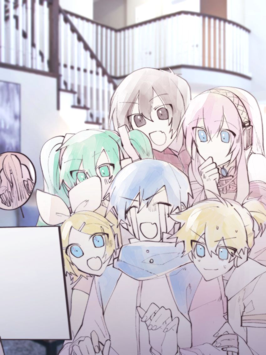 aqua_eyes, aqua_hair, bangs, binggwaryu, blonde_hair, blue_eyes, blue_hair, blue_scarf, bow, brown_eyes, brown_hair, closed_eyes, coat, commentary, fang, hair_bow, hair_ornament, hand_to_own_mouth, hatsune_miku, headphones, highres, indoors, kagamine_len, kagamine_rin, kaito, long_hair, megurine_luka, meiko, monitor, open_mouth, photo_background, pink_hair, red_shirt, sailor_collar, scarf, shirt, short_hair, short_ponytail, short_sleeves, skin_fang, smile, spiky_hair, swept_bangs, symbol_commentary, tears, the_ring, twintails, v-shaped_eyebrows, vocaloid, watching_television, white_bow, white_coat, yamamura_sadako