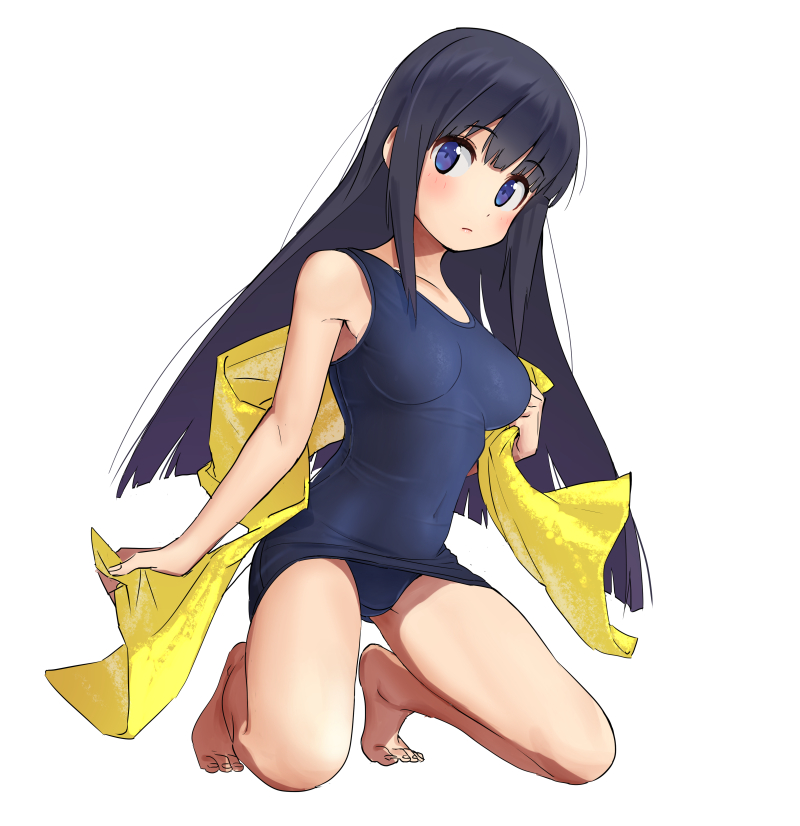 1girl, barefoot, black_hair, blue_eyes, blue_swimsuit, full_body, kneeling, long_hair