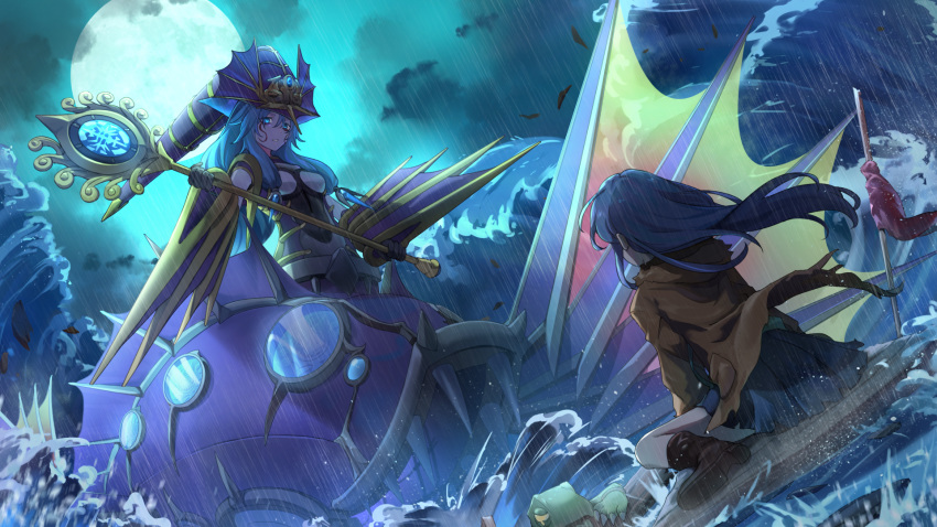 2girls, blue_hair, boots, claws, duel_monster, el_shaddoll_apkallone, eria, from_behind