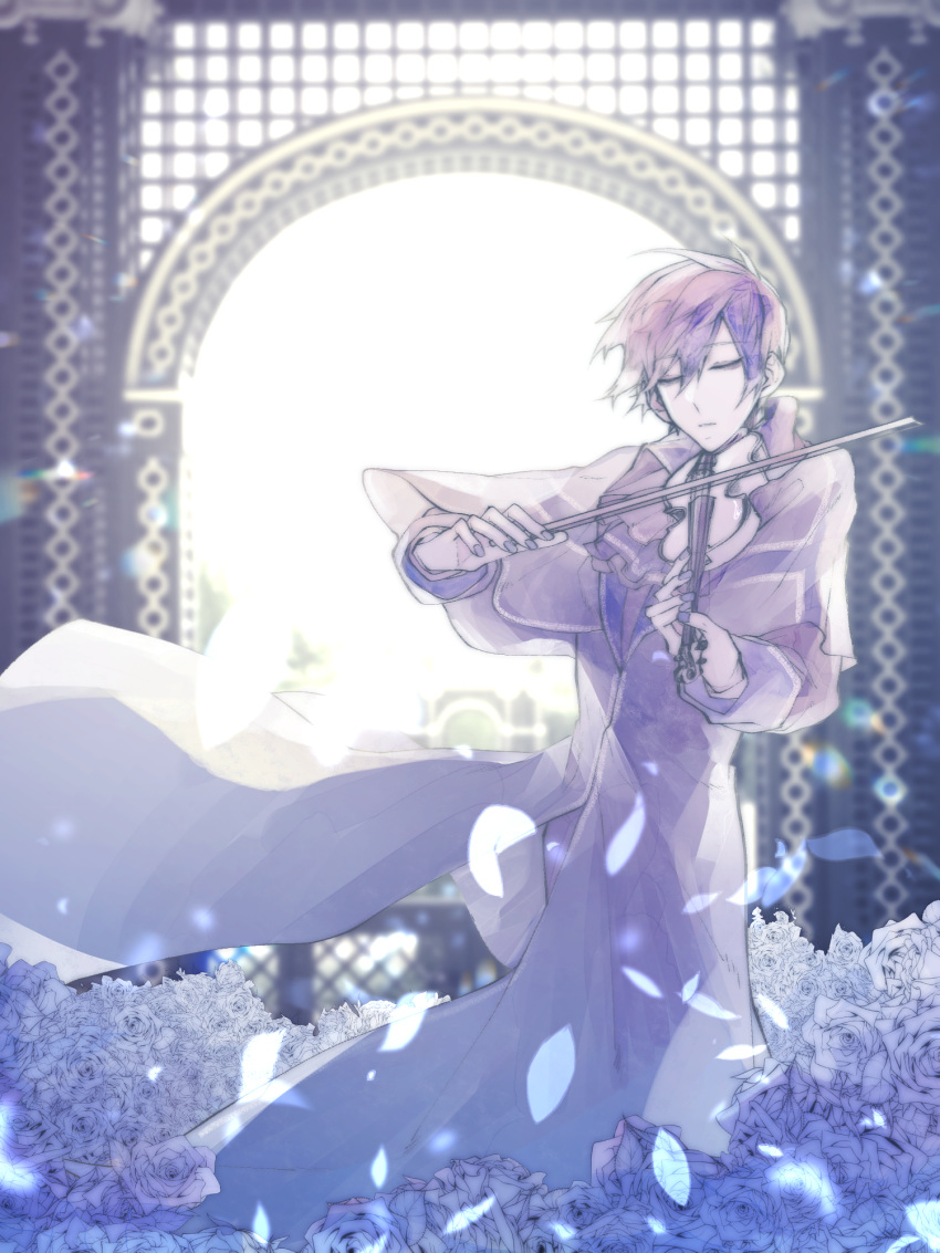 1boy, arch, backlighting, binggwaryu, bloom, blue_coat, blue_flower, blue_hair