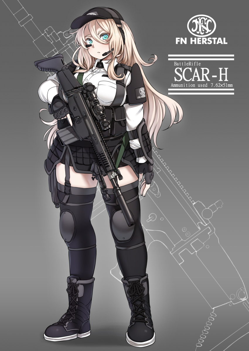 1girl, assault_rifle, blonde_hair, blue_eyes, breasts, curvy, fn_herstal, fn_scar, gun, highres, knee_pads, large_breasts, load_bearing_vest, looking_at_viewer, original, personification, rifle, ryuun_(stiil), scope, solo, stanag_magazine, thigh-highs, trigger_discipline, weapon, wide_hips