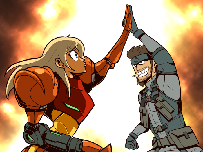 beard, blonde_hair, blue_eyes, captainosaka, cigarette, explosion, facial_hair, grin, high_five, highfive, long_hair, metal_gear, metal_gear_solid, metroid, mustache, nintendo, samus_aran, smile, smoking, solid_snake, super_smash_bros., varia_suit