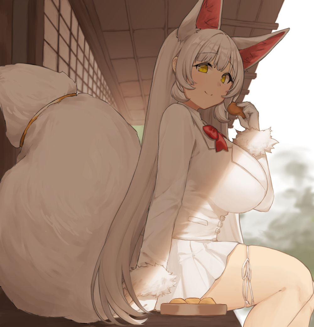 1girl, animal_ears, bangs, blazer, breasts, closed_mouth, day, food