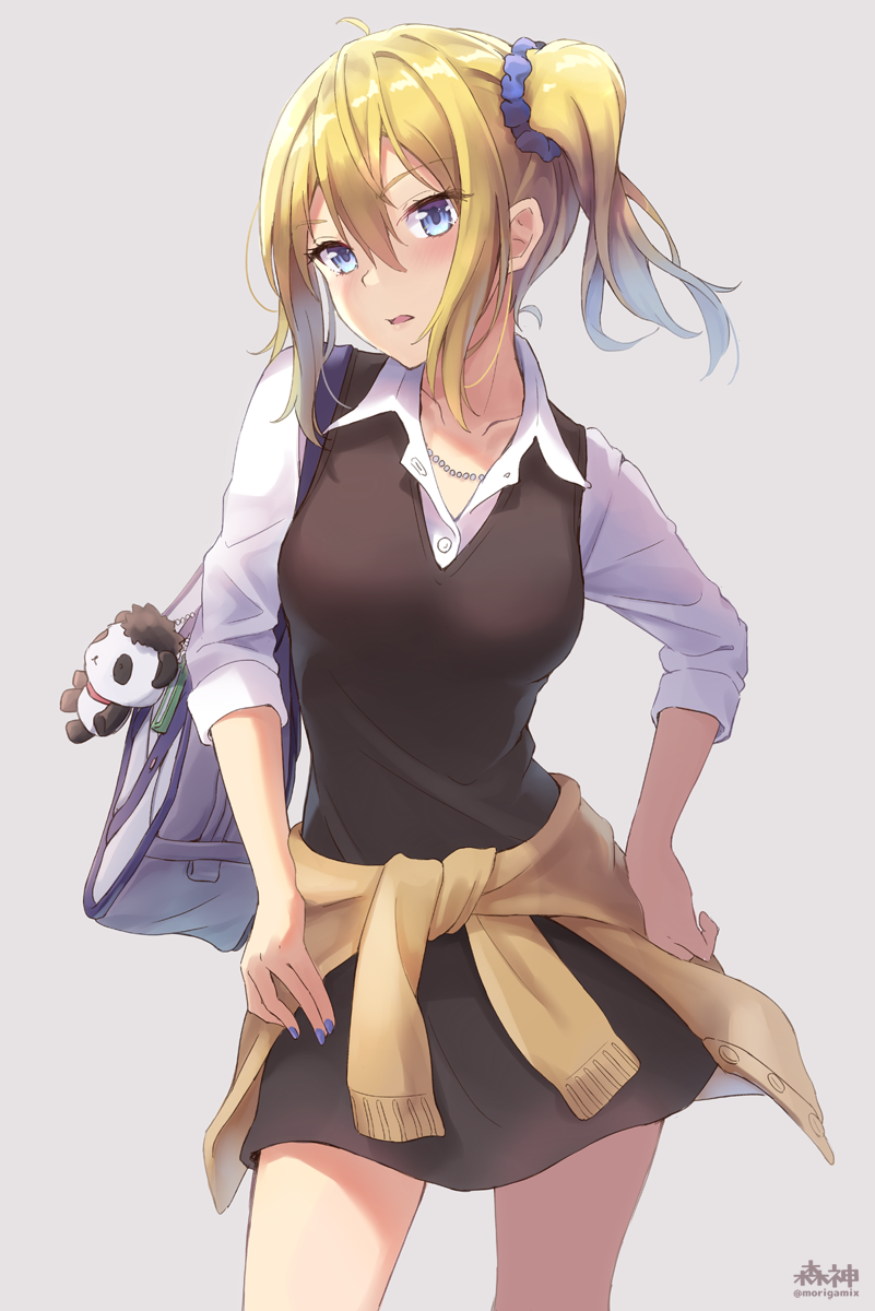 1girl, bag, blonde_hair, blue_eyes, blue_scrunchie, blush, clothes_around_waist, collarbone