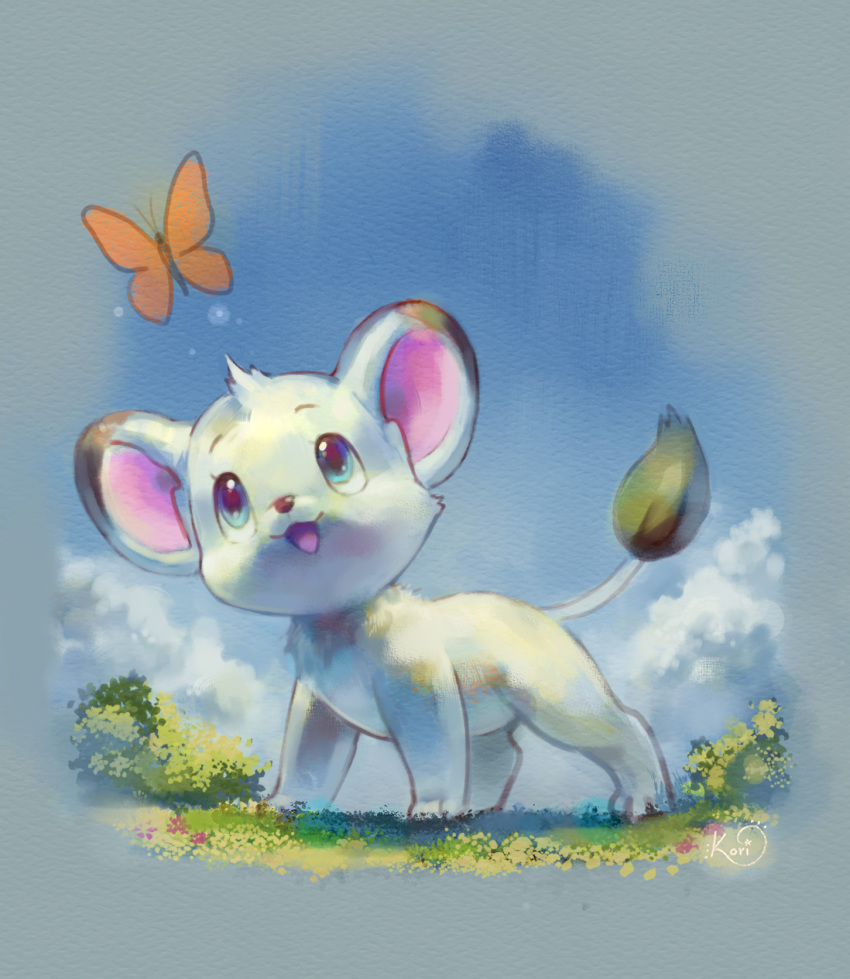 :d, blue_eyes, blue_sky, bug, bush, butterfly, commentary, day