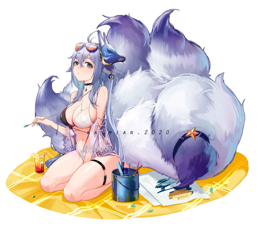 1girl, absurdres, animal_ears, aviator_sunglasses, azur_lane, bare_shoulders, bikini, black_choker
