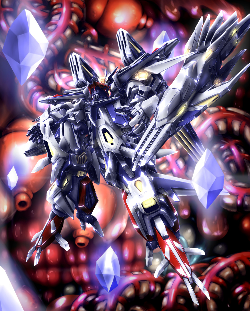 choukou_gasshin_xardion, floating, gem, highres, inside_creature, looking_up, mecha, no_humans