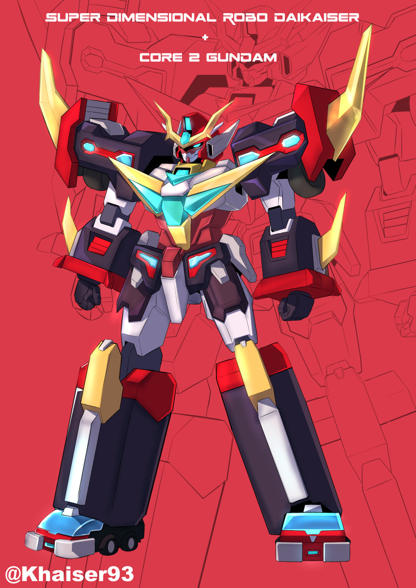 00kaiser, absurdres, cardfight!!_vanguard, clenched_hands, core_gundam_ii, crossover, daikaiser, green_eyes, gundam, gundam_build_divers, gundam_build_divers_re:rise, highres, mecha, no_humans, red_background, solo, standing, super_robot, wheel