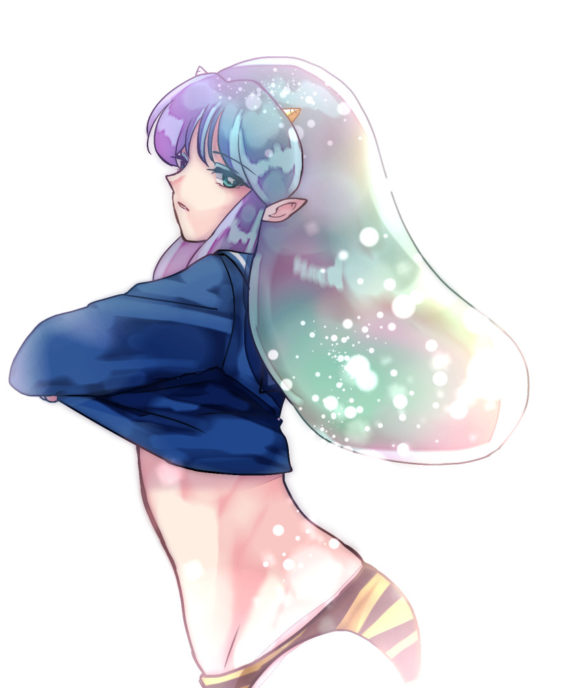 1girl, animal_print, eyebrows_visible_through_hair, from_side, gradient_hair, green_eyes, highres, horns, inuko_(nozomi1118), long_hair, looking_back, lum, multicolored_hair, pointy_ears, rainbow_hair, school_uniform, shirt_lift, solo, squinting, tiger_print, urusei_yatsura, white_background