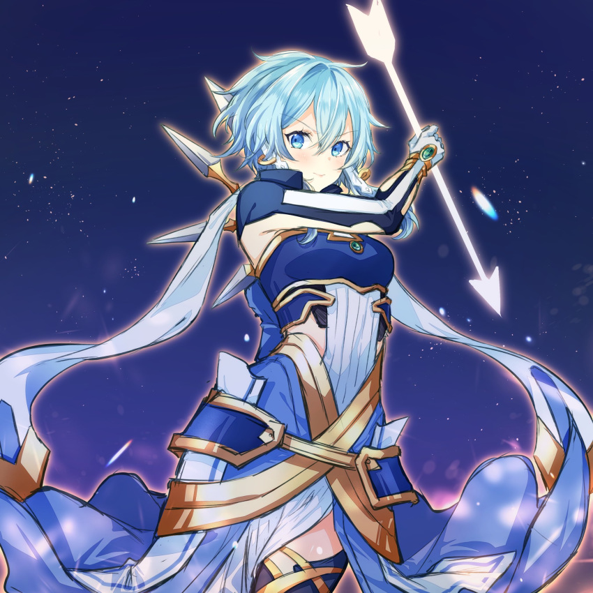 1girl, armor, armored_dress, arrow_(projectile), bangs, blue_dress, blue_eyes, blue_hair