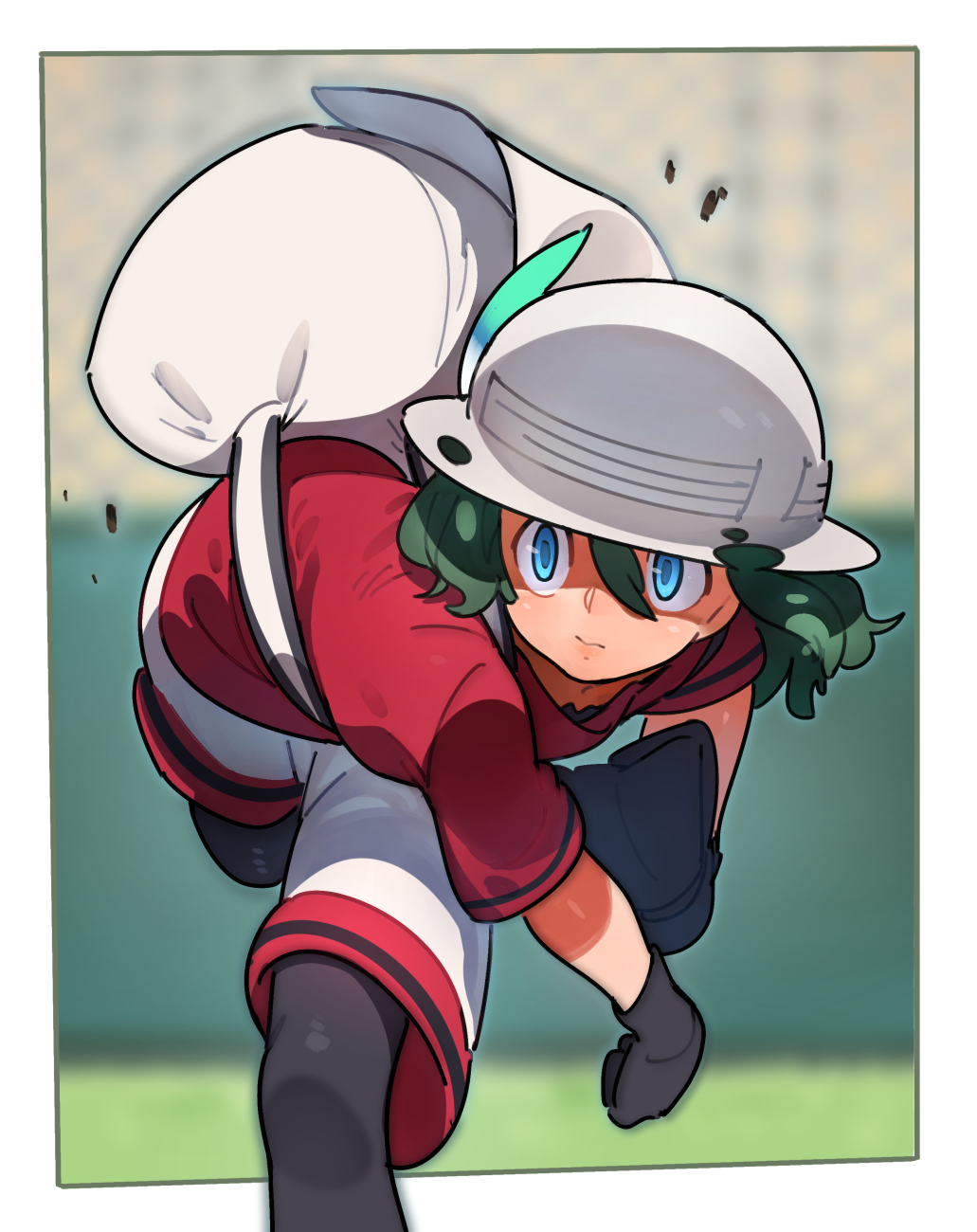 1girl, backpack, bag, baseball, baseball_mitt, black_gloves, black_hair, black_legwear