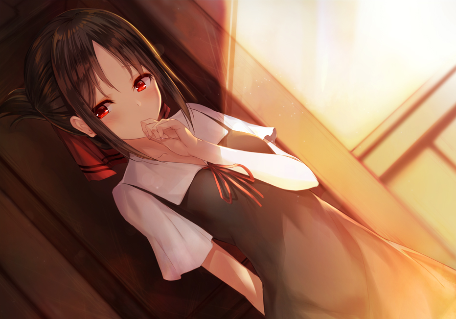 1girl, bangs, black_dress, black_hair, collared_dress, dress, folded_ponytail, hair_ribbon