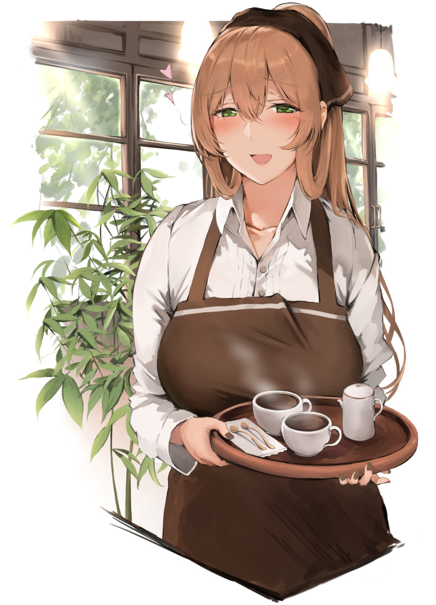 1girl, :d, apron, black_nails, blush, breasts, brown_apron, brown_hair, coffee, collared_shirt, commentary_request, cup, girls_frontline, green_eyes, hair_between_eyes, hair_ornament, highres, holding, holding_tray, indoors, large_breasts, long_hair, looking_at_viewer, m1903_springfield_(girls_frontline), open_mouth, plant, ponytail, shirt, smile, solo, spoon, steam, syotastar, tray, white_shirt, window, wing_collar
