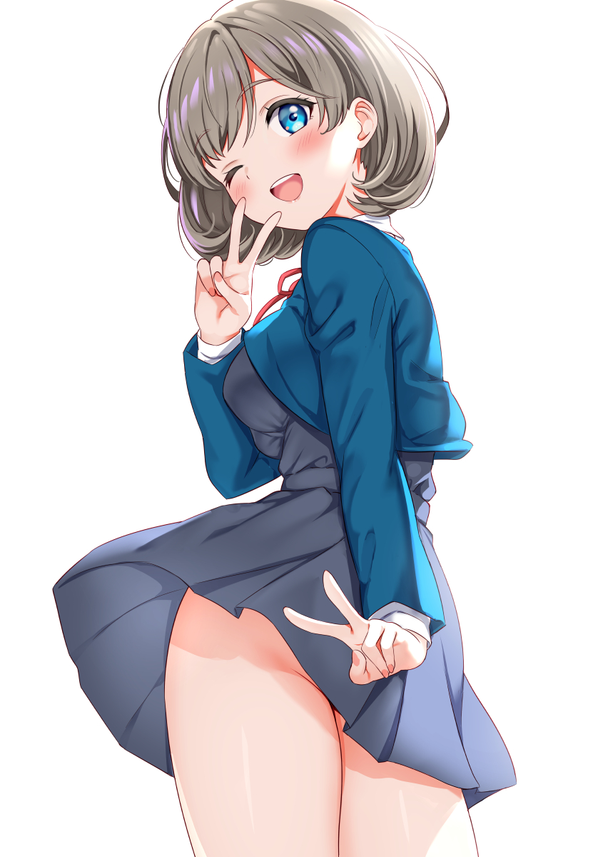1girl, :d, ass, bangs, bare_legs, blue_eyes, blue_jacket, blush