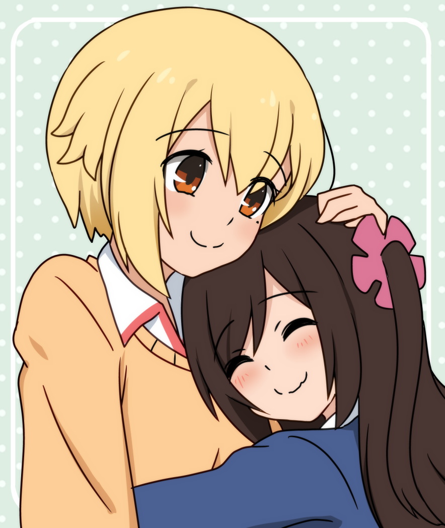 2girls, blonde_hair, bokota_(bokobokota), brown_eyes, brown_hair, closed_eyes, eyebrows_visible_through_hair, eyes_visible_through_hair