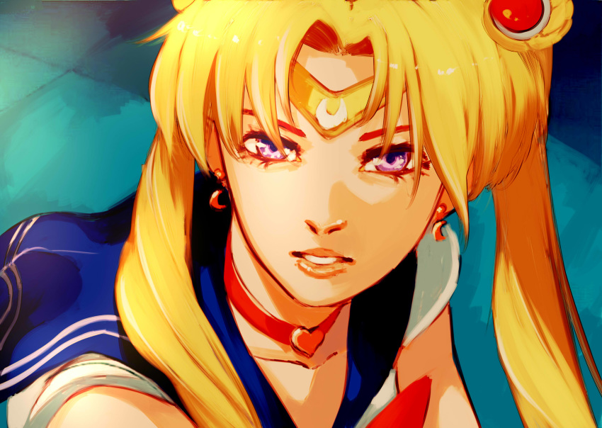 1girl, bangs, bishoujo_senshi_sailor_moon, blonde_hair, blue_sailor_collar, bow, bowtie, choker, crescent, crescent_earrings, derivative_work, earrings, from_side, hair_ornament, heart, heart_choker, highres, jewelry, looking_at_viewer, matheus_santos, parted_bangs, parted_lips, red_choker, red_neckwear, sailor_collar, sailor_moon, sailor_moon_redraw_challenge, school_uniform, screencap_redraw, serafuku, solo, sweatdrop, tiara, tsukino_usagi, twintails, upper_body, violet_eyes