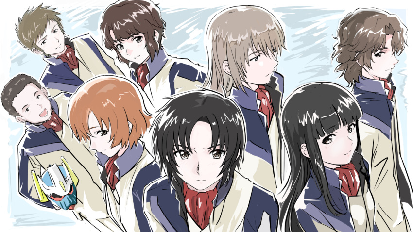 3girls, 5boys, :d, bangs, black_hair, blunt_bangs, brown_eyes, brown_hair