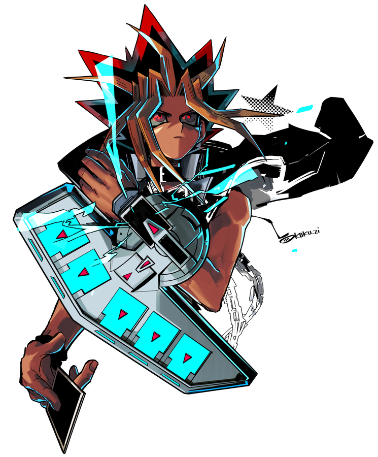 1boy, atem, bare_shoulders, black_jacket, blonde_hair, card, chain, duel_disk, electricity, jacket, jacket_on_shoulders, kokusoji, looking_to_the_side, male_focus, medium_hair, multicolored_hair, open_clothes, open_jacket, red_eyes, sleeveless, solo, spiky_hair, upper_body, white_background, yami_yuugi, yuu-gi-ou, yuu-gi-ou_duel_monsters, yuu-gi-ou_r
