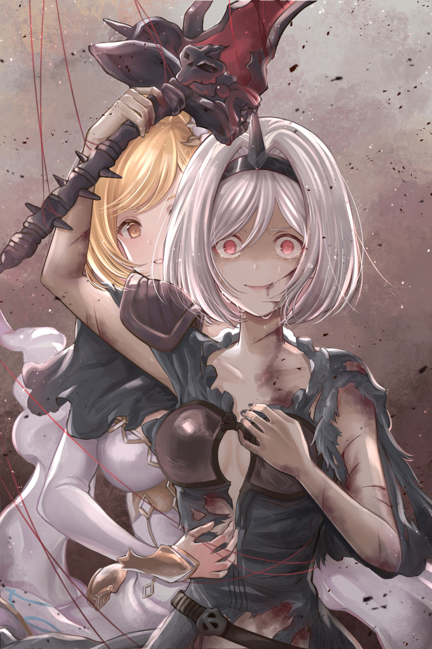 2girls, absurdres, alter_ego_conjurer_(granblue_fantasy), arm_up, blonde_hair, blood, bob_cut, brown_eyes, cleavage_cutout, commentary_request, crazy_eyes, djeeta_(granblue_fantasy), dual_persona, flower, granblue_fantasy, hair_flower, hair_ornament, hairband, highres, huge_filesize, injury, looking_at_viewer, multiple_girls, nail_polish, puppet_strings, red_eyes, shoulder_pads, silver_hair, spiked_hairband, spikes, sword, takanishi_takashi, tears, the_glory, torn_clothes, weapon