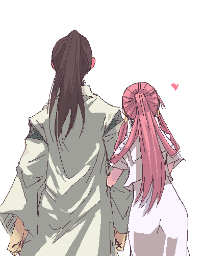 1girl, adult, aria, back, blush, brown_hair, couple, heart