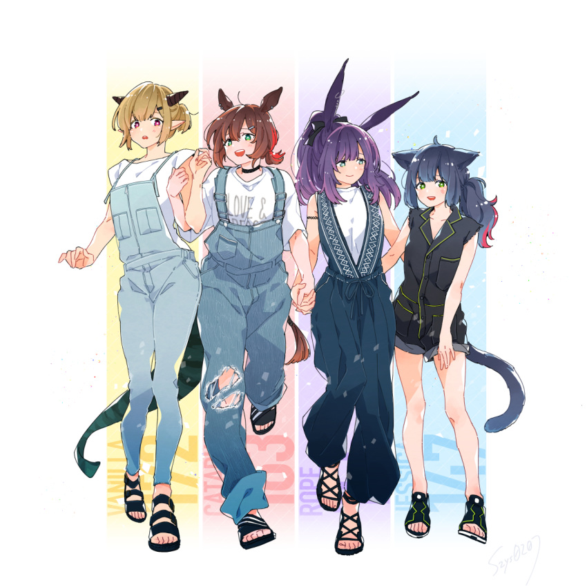 4girls, :d, animal_ears, arknights, bangs, black_footwear, black_hair, black_ribbon
