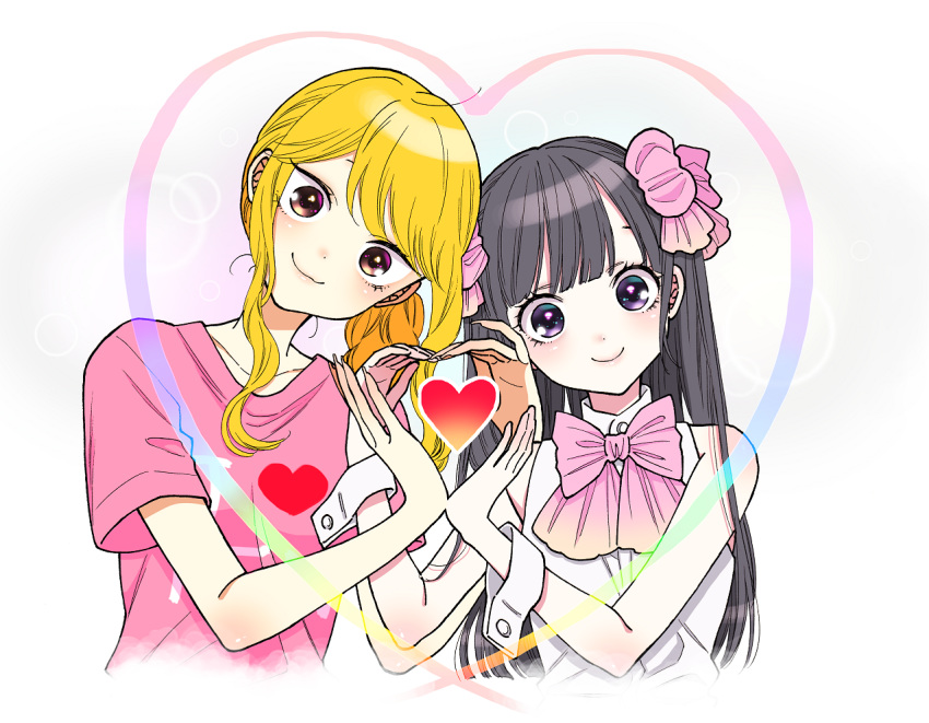 2girls, black_hair, blonde_hair, bow, brown_eyes, commentary_request, dress, gal_to_otaku_wa_wakari_aenai., hair_ornament, hair_scrunchie, happy, heart, heart_hands, heart_hands_duo, idol, idol_clothes, kawai_rou, looking_at_viewer, multiple_girls, otonashi_amane, pink_bow, pink_shirt, saotome_maria_(gal_to_otaku), scrunchie, shirt, simple_background, smile, upper_body, violet_eyes, white_background, white_dress, wrist_cuffs, yuri