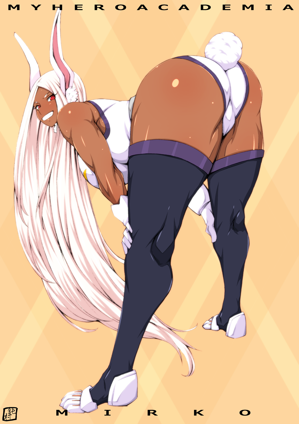 1girl, animal_ears, ass, black_legwear, boku_no_hero_academia, breasts, bunny_tail, character_name, dark_skin, donson, highres, large_breasts, leaning_forward, leotard, long_hair, looking_at_viewer, looking_back, mirko, muscle, muscular_female, rabbit_ears, red_eyes, smile, solo, tail, thigh-highs, white_hair, white_leotard