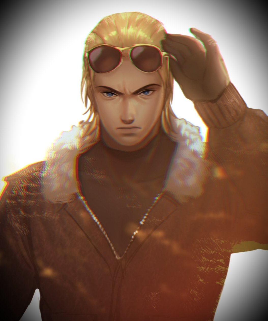 1boy, aviator_sunglasses, backlighting, blonde_hair, blue_eyes, commentary, english_commentary, eyewear_on_head