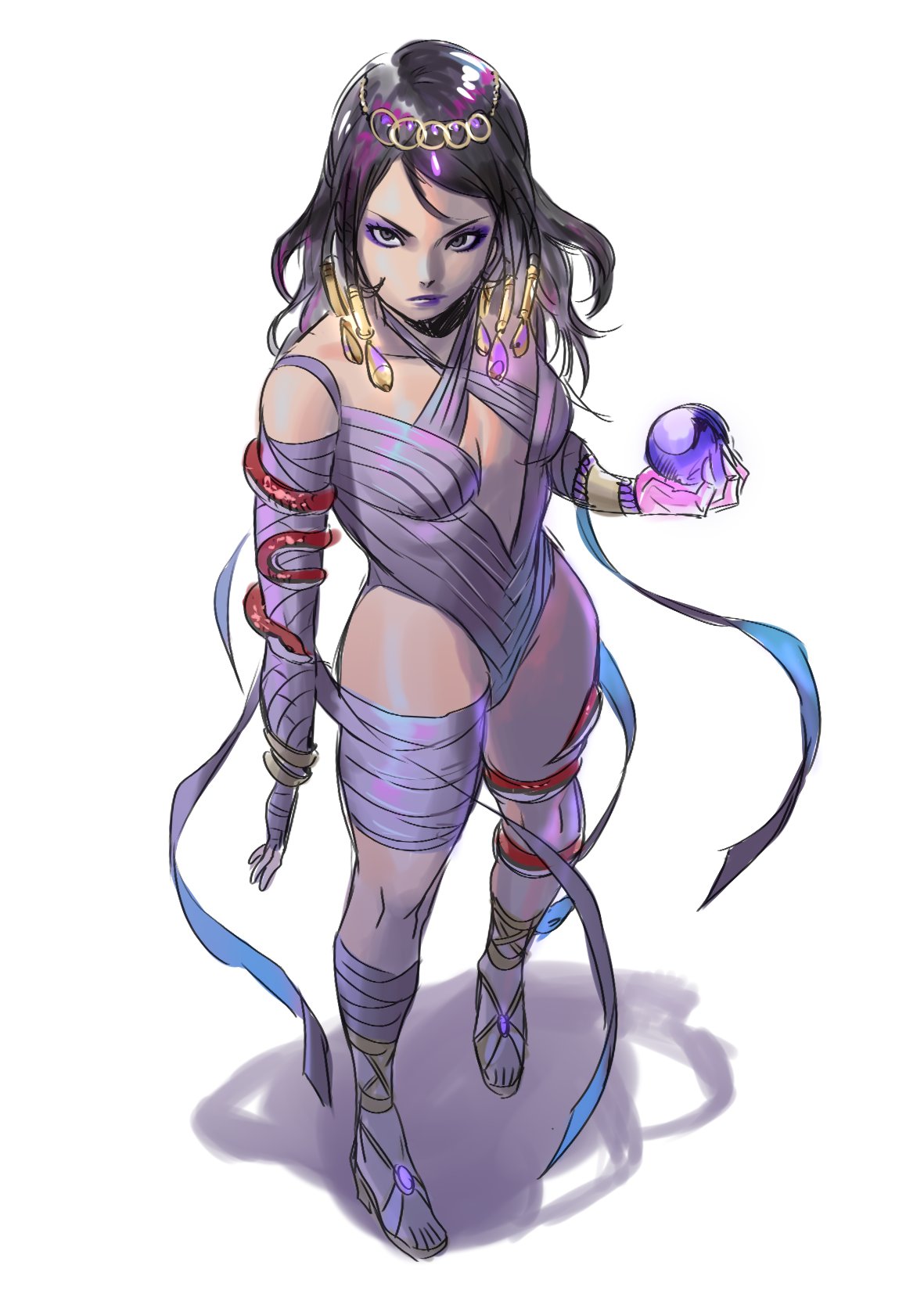 1girl, alternate_costume, bandaged_arm, bandaged_leg, bandages, black_hair, breasts, brown_eyes